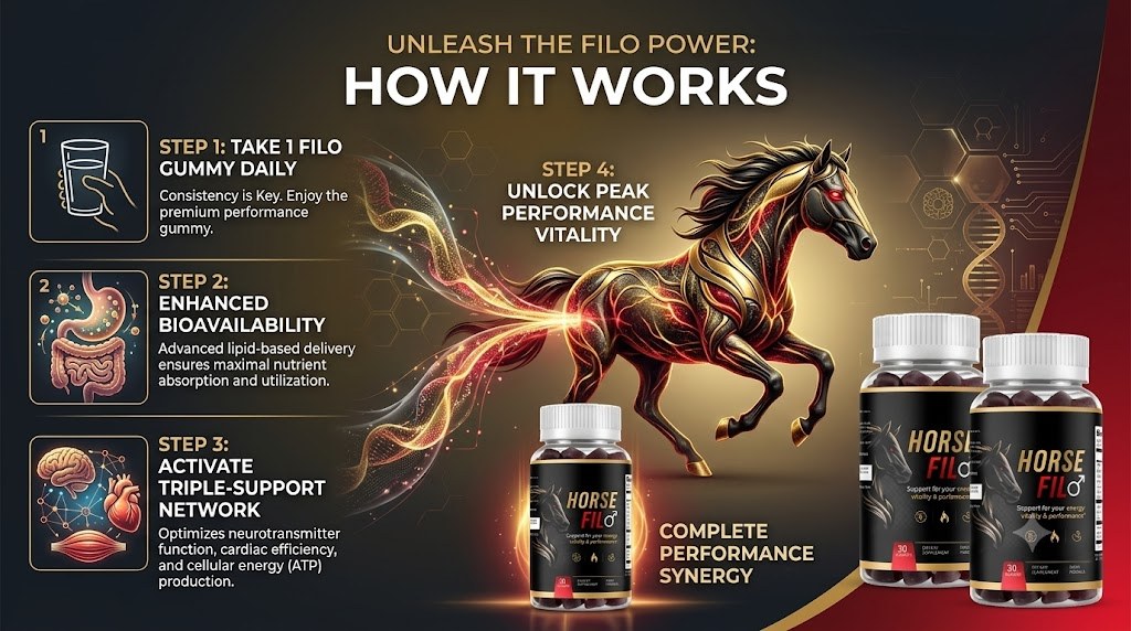 HorseFil four-step how it works: take 1 gummy daily, enhanced absorption formula, fuel energy and vitality, unlock peak performance