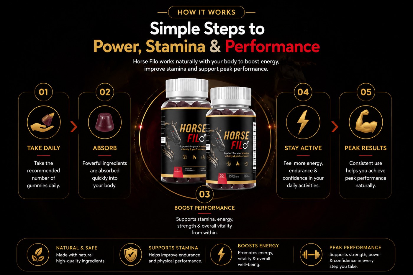 HorseFil five-step how it works: take daily, absorb, boost performance, stay active, peak results
